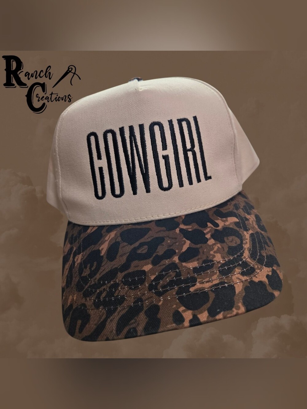 Cowgirl Embroidered Trucker Hat - Tan & Brown Leopard